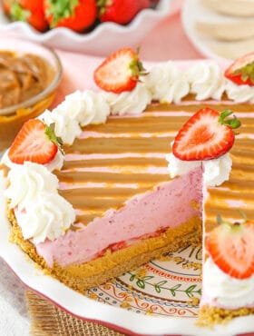 Image of Strawberry Dulce De Leche Ice Cream Pie with slice removed