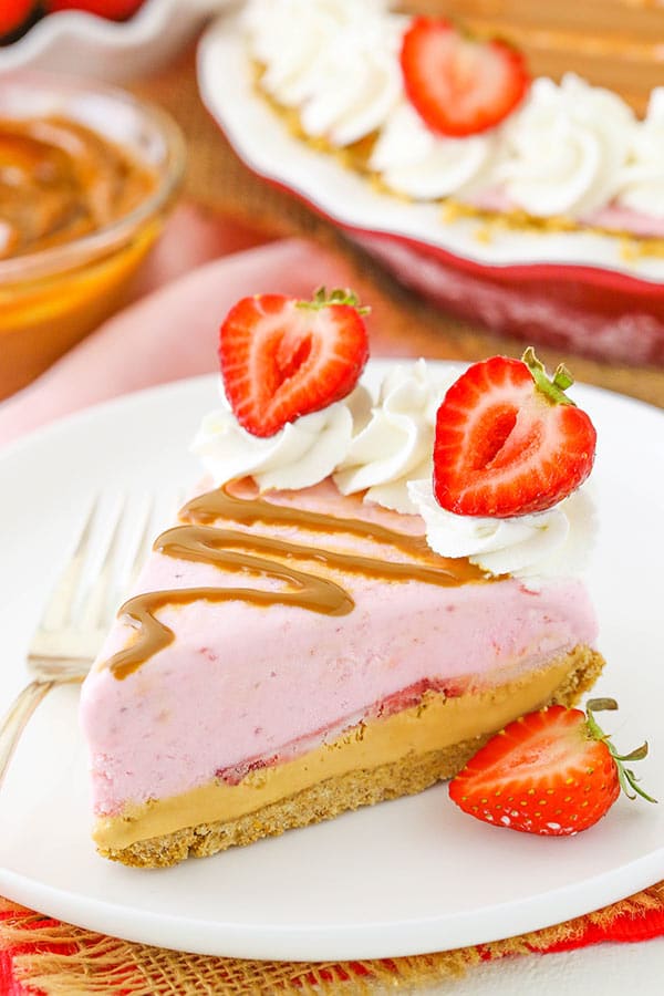 Image of a Piece of Strawberry Dulce De Leche Ice Cream Pie on a Plate