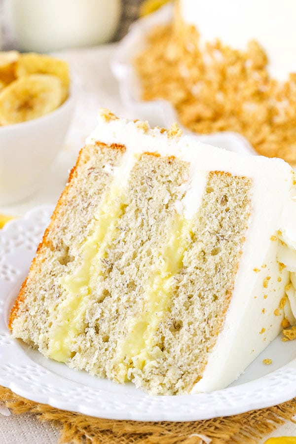Banana Cream Layer Cake - moist banana cake layers filled with fresh vanilla pastry cream! Love it!