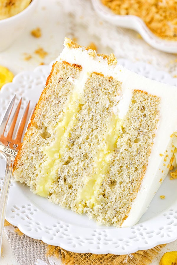 Banana Cream Layer Cake - moist banana cake layers filled with fresh vanilla pastry cream! Love it!