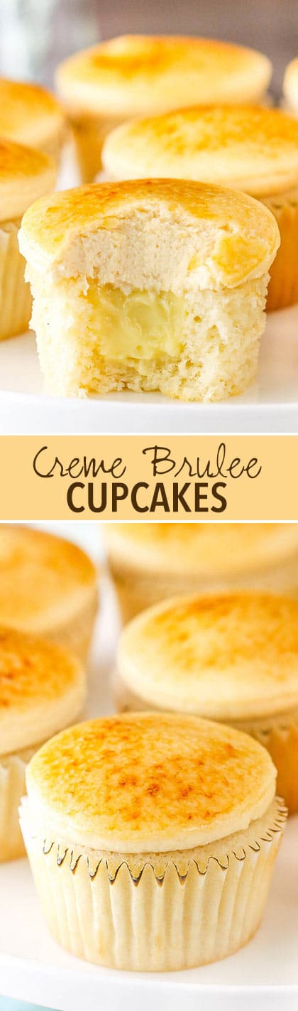 Creme Brûlée Cupcakes! A moist, fluffy cupcake with pastry cream filling, caramel frosting and caramelized sugar on top!