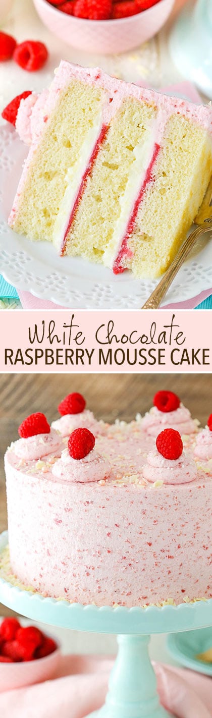 White Chocolate Raspberry Mousse Cake - moist vanilla cake, white chocolate mousse, raspberry filling and raspberry mousse frosting! So good!