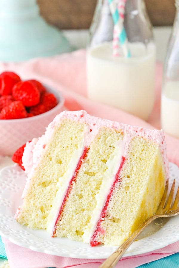 White Chocolate Raspberry Mousse Cake showing layers