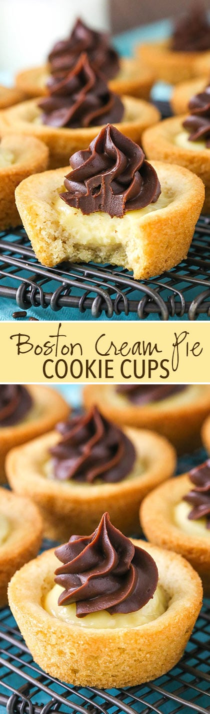 Boston Cream Pie Cookie Cups - chewy vanilla cookie filled with vanilla pastry cream and topped with chocolate ganache!