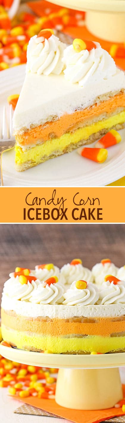 Candy Corn Icebox Cake - no bake with layers of shortbread and vanilla mousse! Great for Halloween!