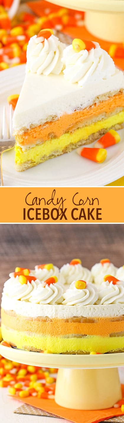 Candy Corn Icebox Cake - no bake with layers of shortbread and vanilla mousse! Great for Halloween!