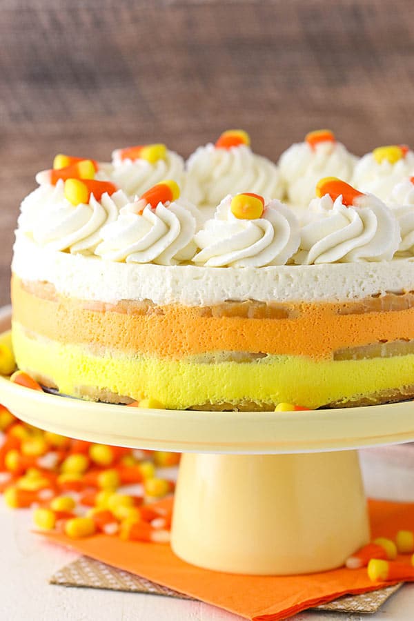 Candy Corn Icebox Cake - no bake with layers of shortbread and vanilla mousse! Great for Halloween!