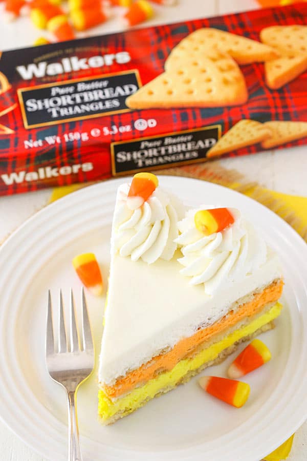 Candy Corn Icebox Cake - no bake with layers of shortbread and vanilla mousse! Great for Halloween!