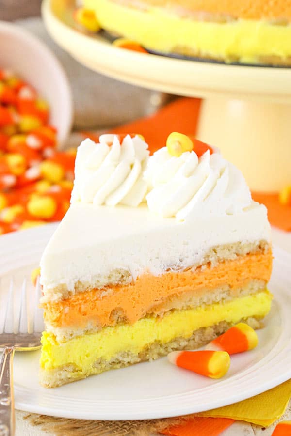 Candy Corn Icebox Cake - no bake with layers of shortbread and vanilla mousse! Great for Halloween!