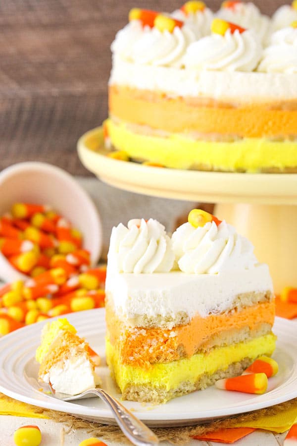 Candy Corn Icebox Cake - no bake with layers of shortbread and vanilla mousse! Great for Halloween!