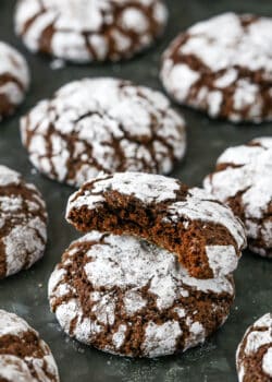 Bitten into chocolate crinkle cookies.