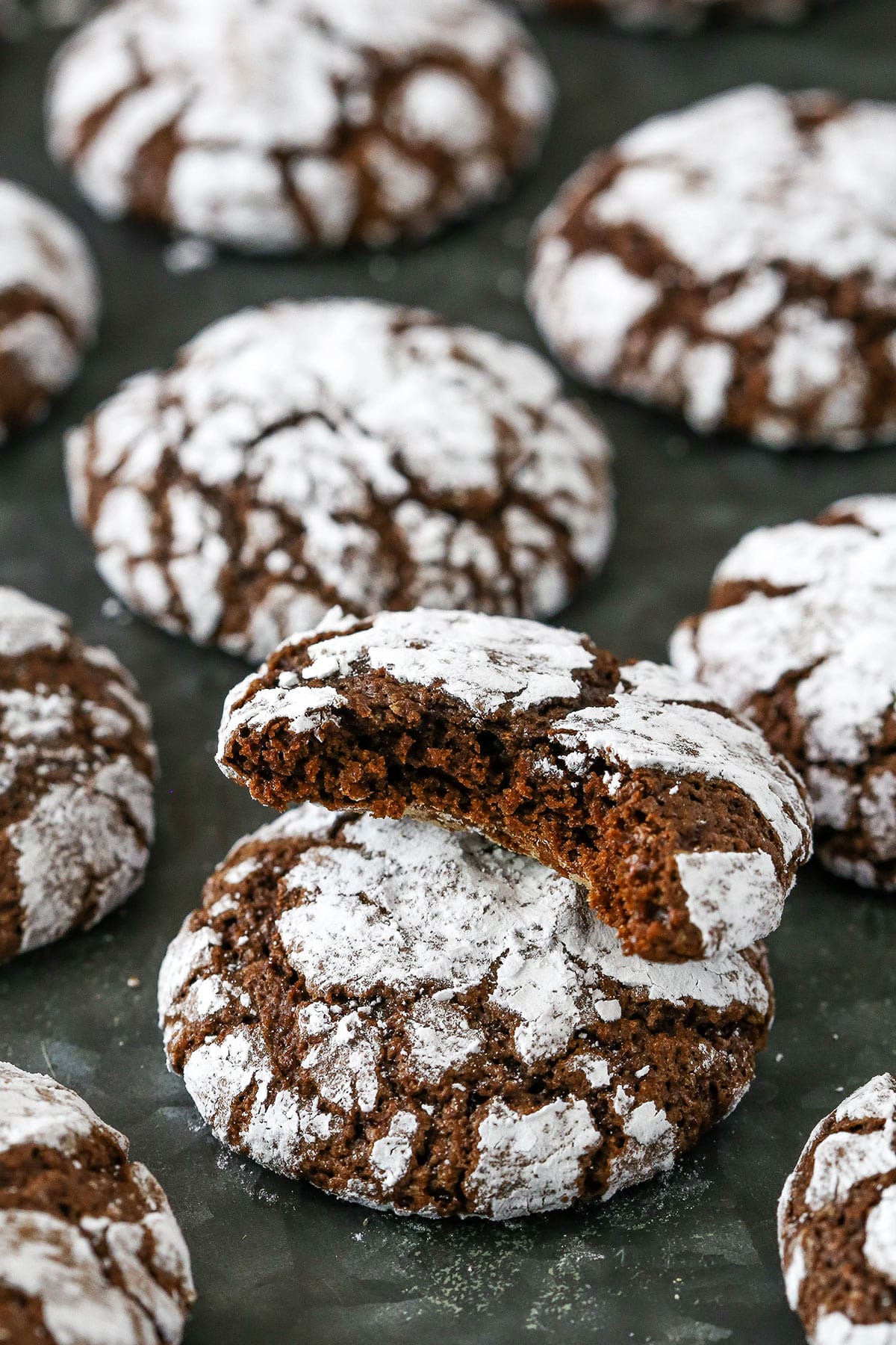 Bitten into chocolate crinkle cookies.