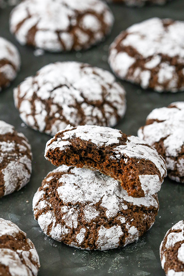 Image of Chocolate Crinkle Cookie with bite taken out