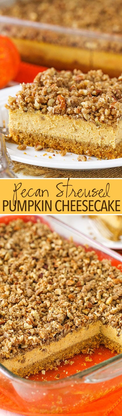 Pecan Streusel Pumpkin Cheesecake - creamy pumpkin spice cheesecake with pecan streusel! Great for thanksgiving and the holidays!