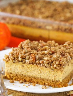 close up image of Pecan Streusel Pumpkin Cheesecake