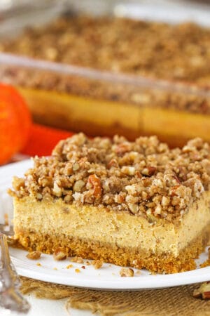 close up image of Pecan Streusel Pumpkin Cheesecake