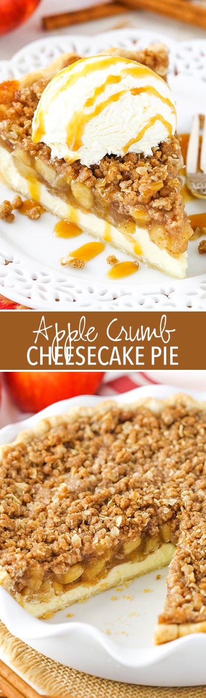 Apple Crumb Cheesecake Pie - delicious layers of homemade apple pie filling, cheesecake and oatmeal crumb! Great for the holidays!
