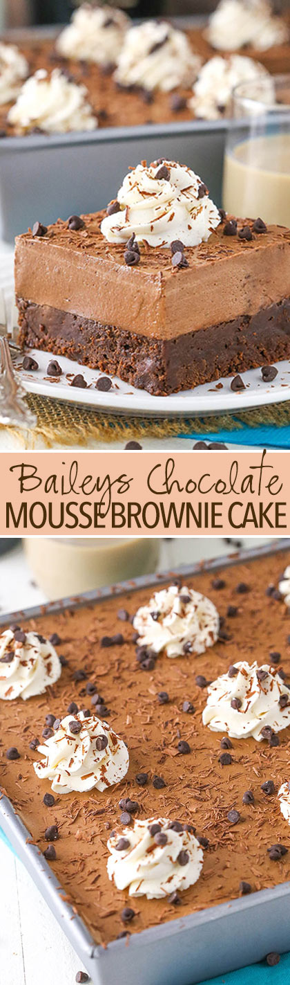 Baileys Chocolate Mousse Brownie Cake - a dense chocolate brownie topped with Baileys chocolate mousse!