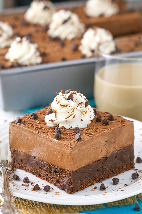 Baileys Chocolate Mousse Brownie Cake - a dense chocolate brownie topped with Baileys chocolate mousse!