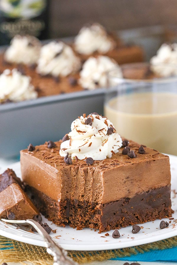 serving of Baileys Chocolate Mousse Brownie Cake