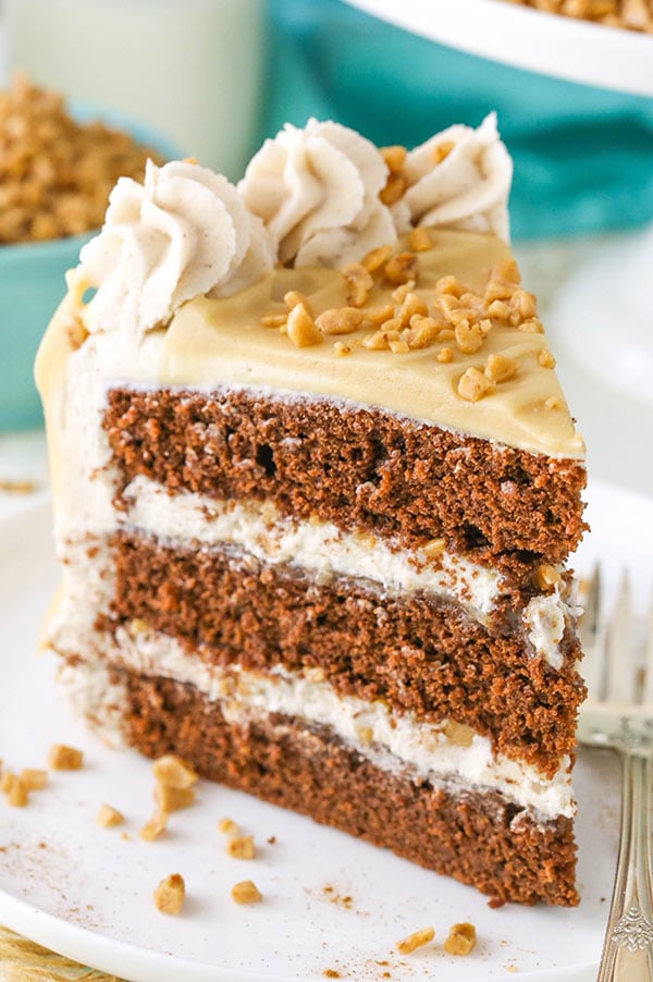 Bourbon Spice Toffee Layer Cake - bourbon, maple, toffee, cinnamon and chocolate all come together in this amazing cake!