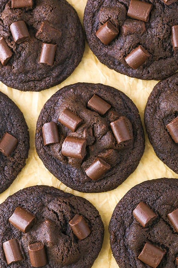 overhead image of Double Chocolate Chunk Cookies