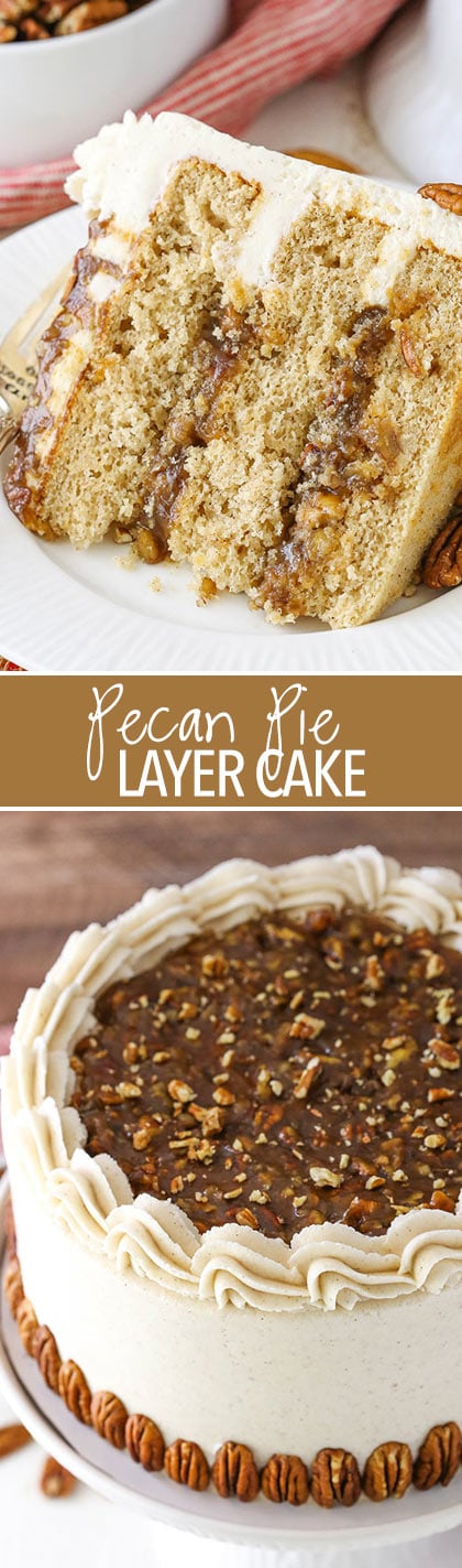 Pecan Pie Layer Cake - layers of homemade pecan pie filling, moist brown sugar cake and cinnamon frosting!