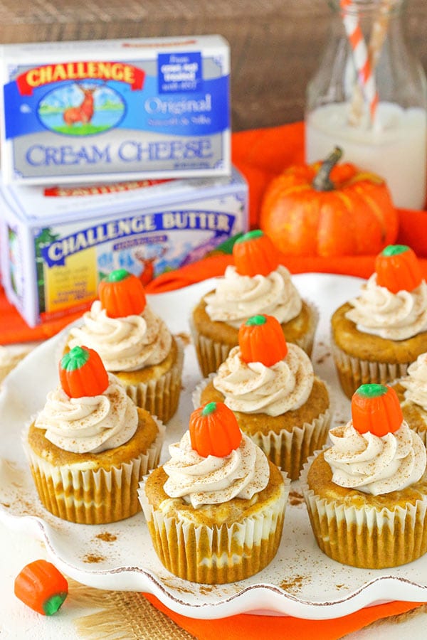 Pumpkin Cheesecake Swirl Cupcakes on a plate.