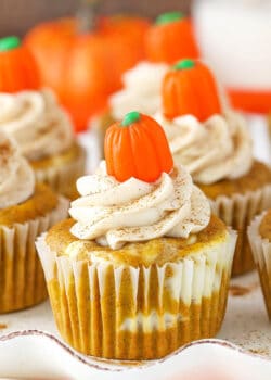 close up image of Pumpkin Cheesecake Swirl Cupcake