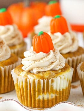 close up image of Pumpkin Cheesecake Swirl Cupcake