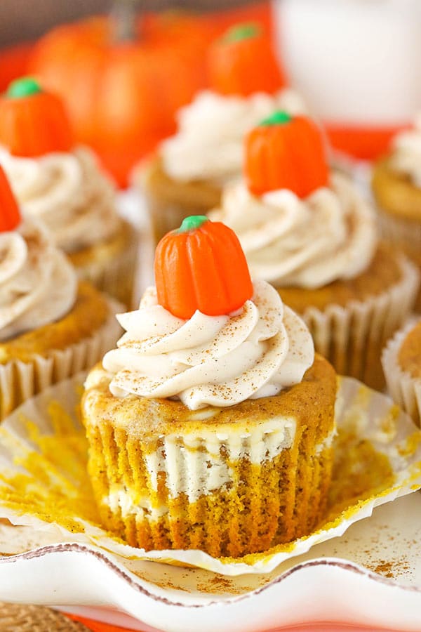 Pumpkin Cheesecake Swirl Cupcakes showing layers.