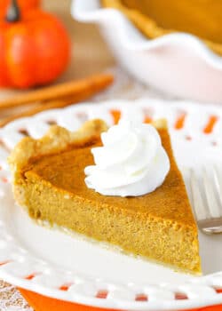 A slice of Classic Pumpkin Pie on plate.