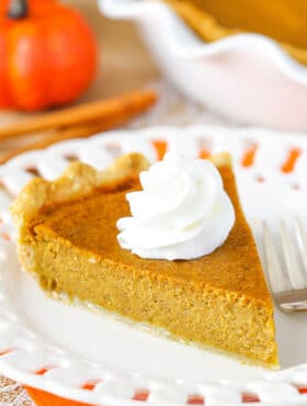 A slice of Classic Pumpkin Pie on plate.