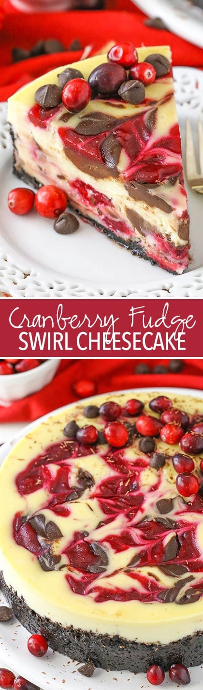 Cranberry Fudge Swirl Cheesecake - with cranberry and chocolate fudge swirled throughout! Perfect for the holidays!