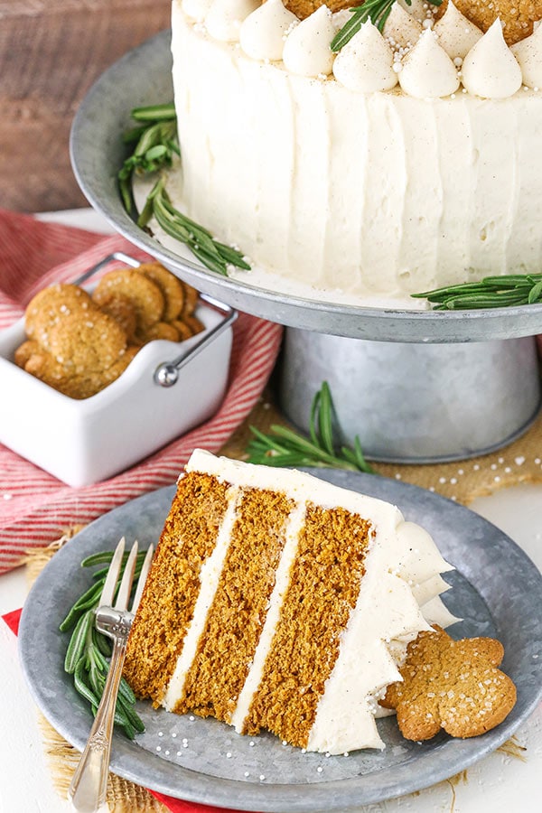 Gingerbread Layer Cake slice with cake displayed in background