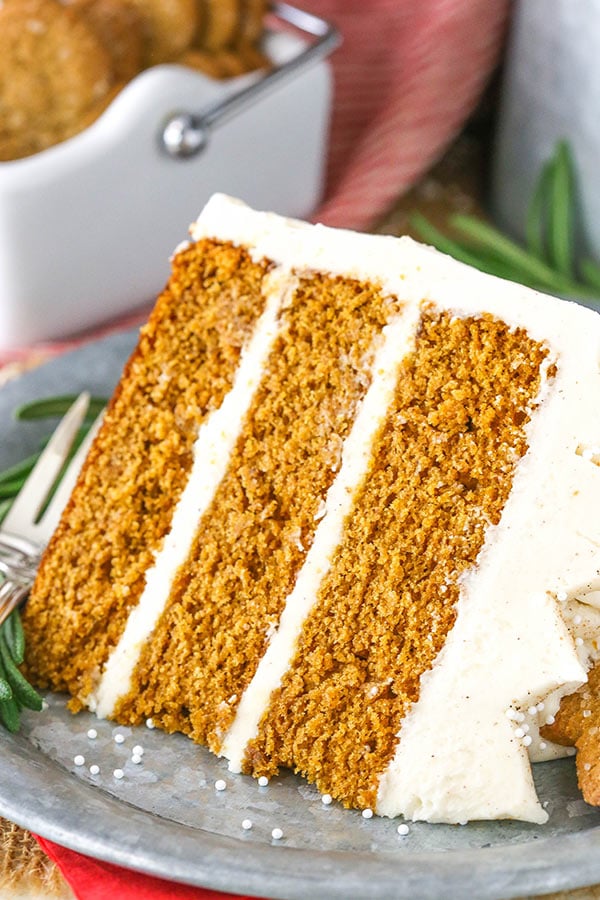 close up of slice of Gingerbread Layer Cake