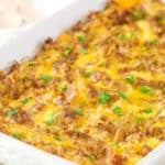 A casserole dish of overnight breakfast casserole