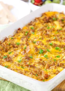 A casserole dish of overnight breakfast casserole