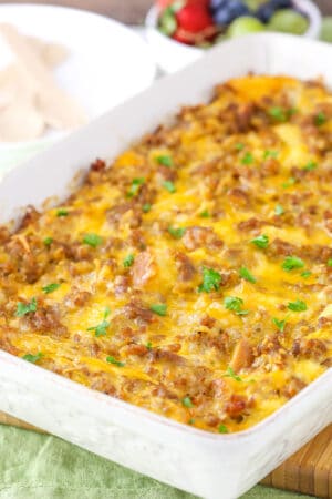 A casserole dish of overnight breakfast casserole