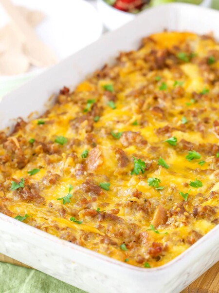 A casserole dish of overnight breakfast casserole
