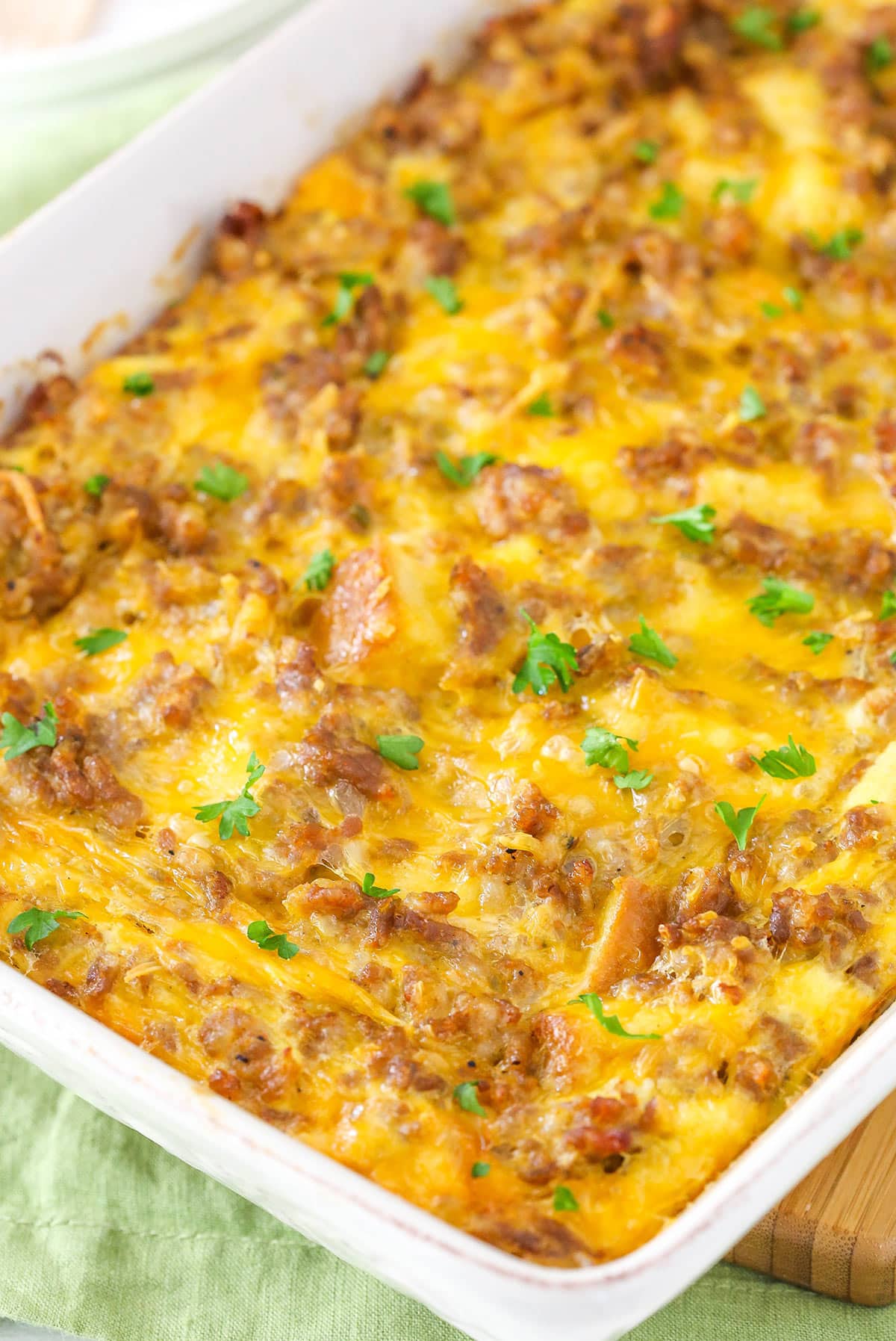 Overhead view of a baking dish of sausage and egg breakfast casserole