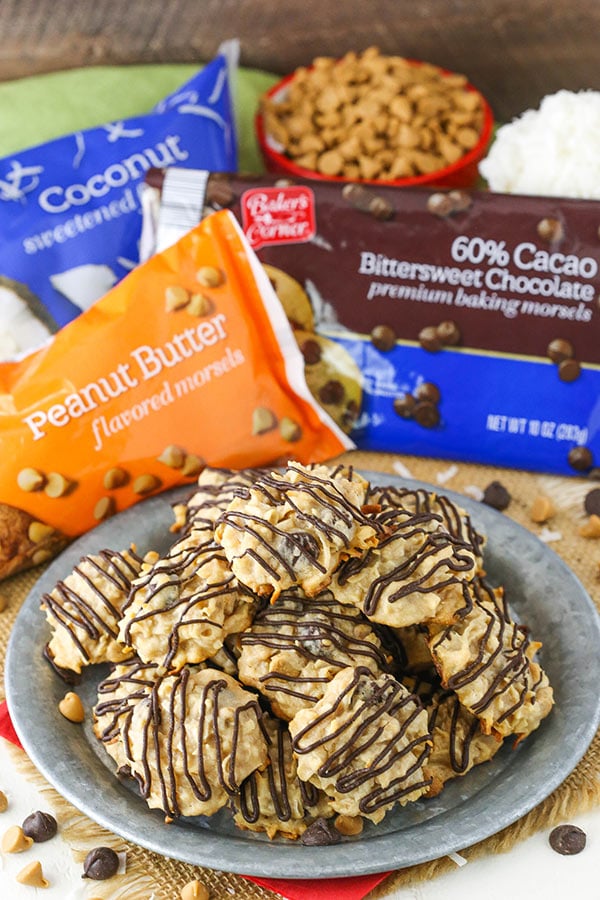 displayed cookies with bags of chips and coconutin background