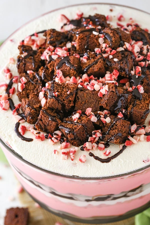 overhead view of Peppermint Cheesecake Brownie Trifle