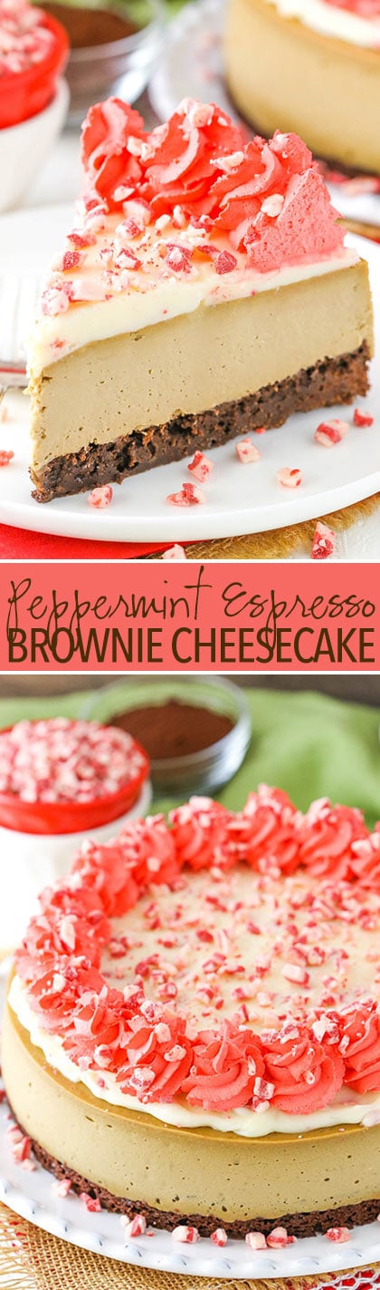 Peppermint Espresso Brownie Cheesecake - thick and creamy espresso cheesecake, peppermint ganache and a brownie bottom!