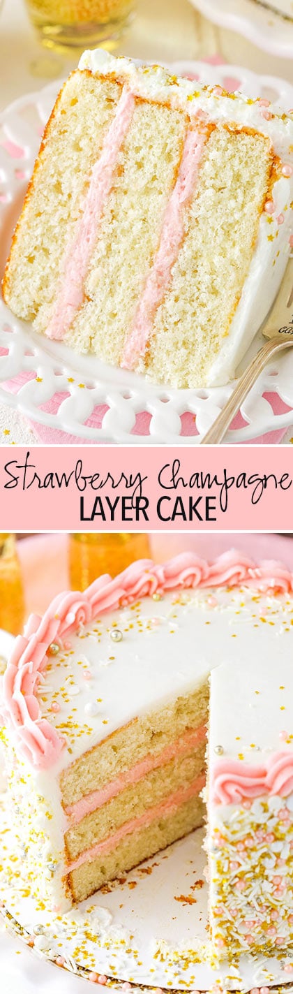 Strawberry Champagne Layer Cake - layers of moist champagne cake with fresh strawberry frosting! Perfect for New Years Eve!
