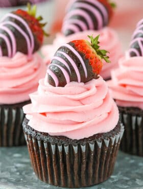 close up image of Chocolate Covered Strawberry Cupcake
