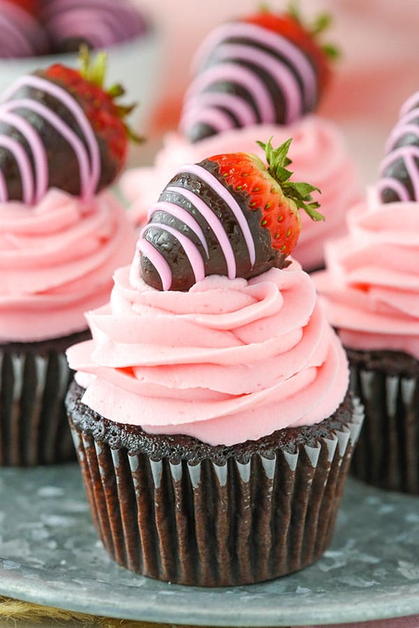 close up image of Chocolate Covered Strawberry Cupcake