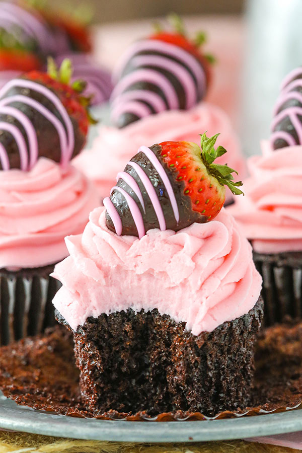 Chocolate Covered Strawberry Cupcakes with bite taken