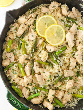 overhead image of Lemon Rosemary Chicken and Rice in skillet