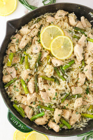 overhead image of Lemon Rosemary Chicken and Rice in skillet